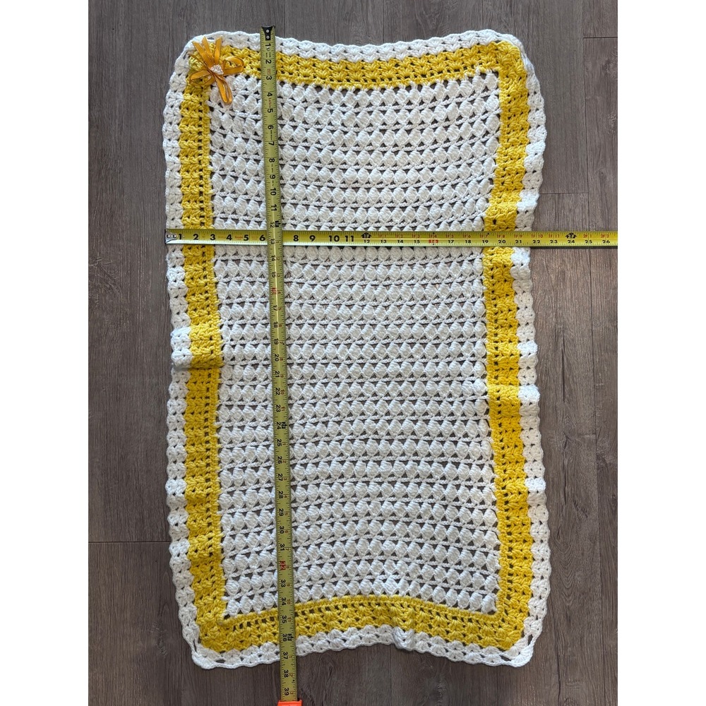 Handmade Crochet Baby Blanket White Yellow Shell Stitch Ribbon Bow 39x21 - Picture 3 of 3